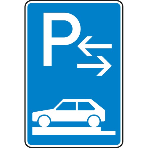 Verkehrsschild Parken ganz auf Gehwegen Mitte VZ 315-83 mit Parksymbol und Auto auf Gehweg