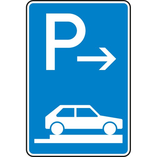 Verkehrsschild Parken auf Gehwegen ganz quer zur Fahrtrichtung rechts, Ende, VZ 315-87, blaues Schild mit weißem P, Pfeil nach rechts und Auto auf Gehweg