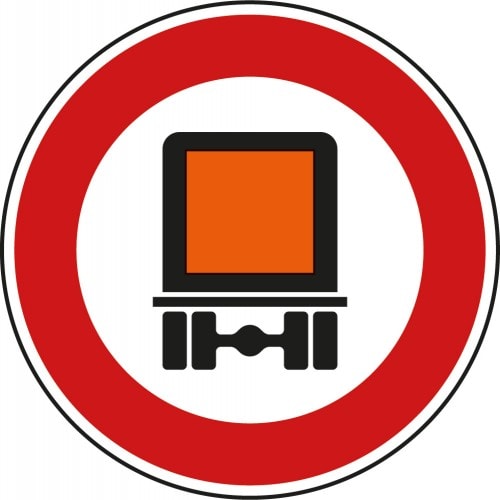 Verkehrsschild Verbot für kennzeichnungspflichtige Kraftfahrzeuge mit gefährlichen Gütern VZ 261