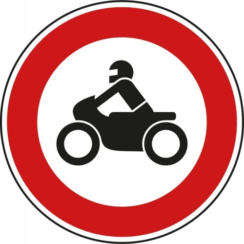 Verkehrsschild Verbot für Krafträder, auch mit Beiwagen, Kleinkrafträder und Mofas, rote Umrandung mit Motorrad-Symbol