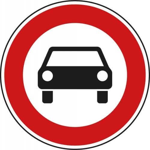 Verkehrsschild Verbot für Kraftwagen und sonstige mehrspurige Kraftfahrzeuge VZ 251 mit rotem Kreis und schwarzem Auto-Symbol