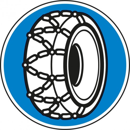 Verkehrsschild Schneeketten vorgeschrieben VZ 268 mit Reifen und Schneeketten auf blauem Hintergrund