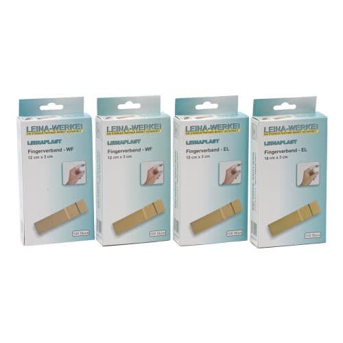 Vier Packungen Fingerverband von Leina-Werke in verschiedenen Größen und Ausführungen