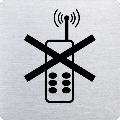 Piktogramm Handys verboten mit abgerundeten Ecken, schwarzes Handy-Symbol mit durchgestrichenem Kreuz auf grauem Hintergrund