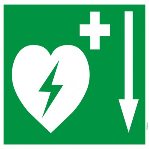 Defibrillator Hinweiszeichen mit Herz, Blitzsymbol und Pfeil nach unten auf grünem Hintergrund