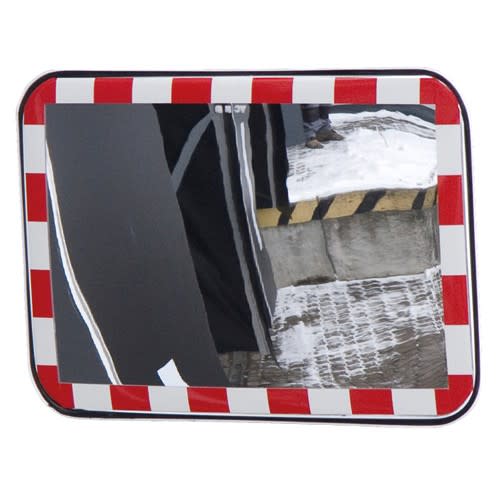 Verkehrsspiegel UNI-SIG Typ I mit rot-weißer Umrandung zur Überprüfung von 2 Richtungen