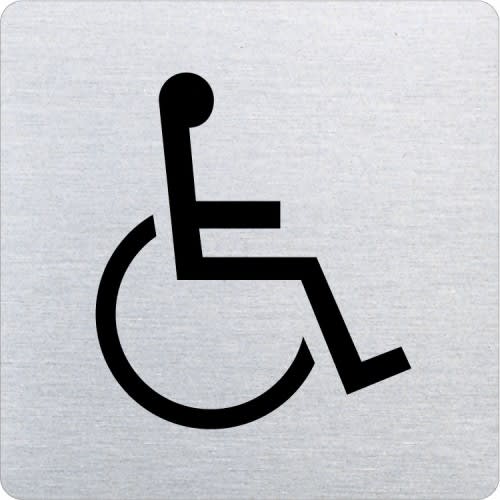 Piktogramm Rollstuhlfahrer Symbol mit abgerundeten Ecken auf metallischem Hintergrund