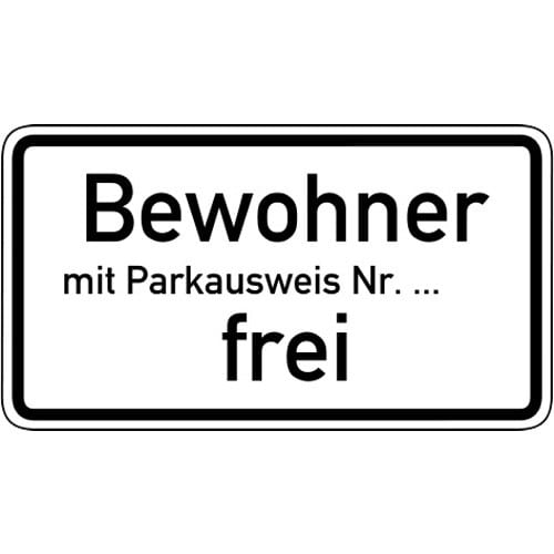 Verkehrsschild Bewohner mit Parkausweis Nr. frei, weißes Schild mit schwarzem Rand und Text