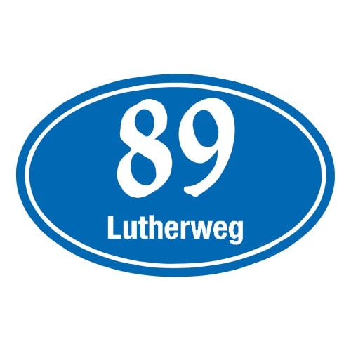 Blaues ovales Emaille-Hausnummernschild mit der Nummer 89 und dem Schriftzug Lutherweg