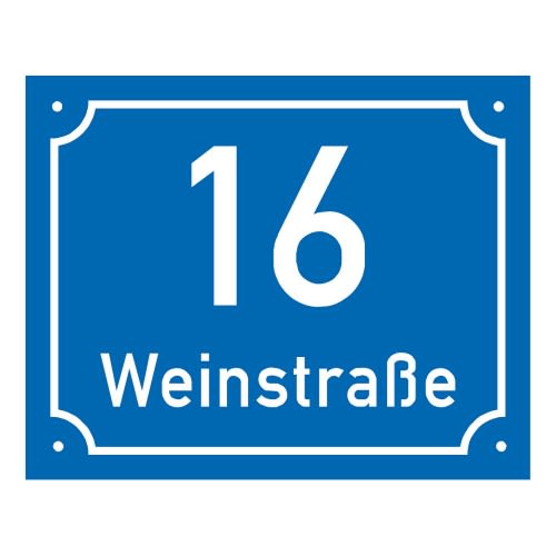Blaues Emaille-Hausnummernschild rechteckig mit der Nummer 16 und der Aufschrift Weinstraße