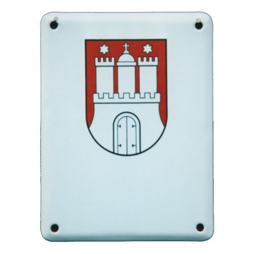 Emaille-Türschild mit rotem Wappen und weißem Hintergrund, zeigt eine Burg mit zwei Türmen und Sternen