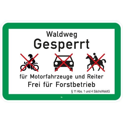 Verkehrsschild Waldweg gesperrt für Motorfahrzeuge und Reiter, frei für Forstbetrieb