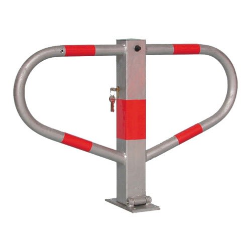 Parkplatzbügel FLINT aus Metall mit rotem Reflektionsstreifen und Schloss