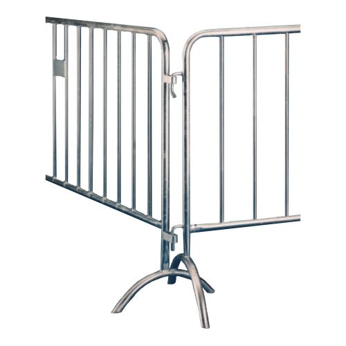 Absperrgitter MAXSTOPP aus Metall, freistehend mit gebogenen Füßen und vertikalen Stäben