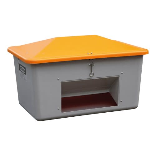 Streugutbehälter mit 200 Liter Fassungsvermögen, grauer Behälter mit orangefarbenem Deckel