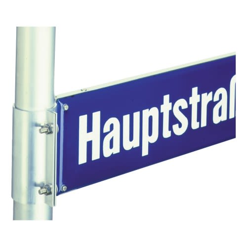 Befestigung mit Rohrschellen für Emaille-Hohlkastenprofil an einem Straßenschild Hauptstraße
