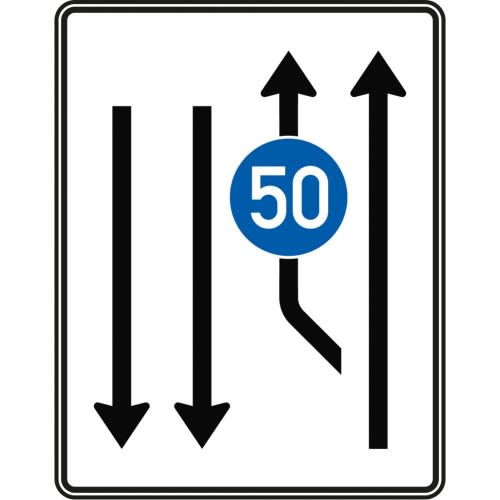 Verkehrszeichen VZ 546-11 Aufweitungstafel mit Gegenverkehr, 1-streifig plus Fahrstreifen links und 2 Fahrstreifen in Gegenrichtung mit Geschwindigkeitsbegrenzung 50 km/h