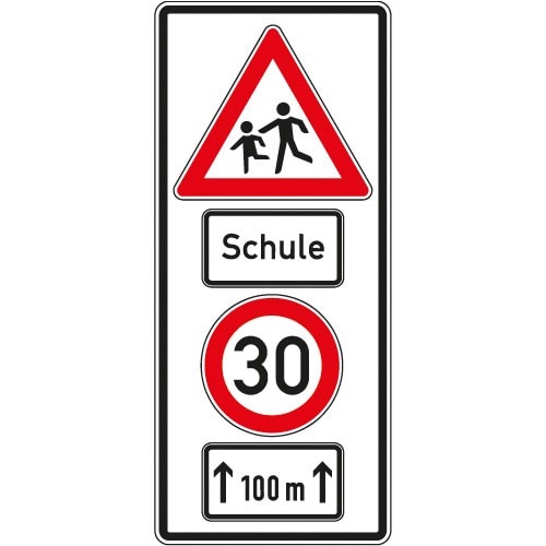 Verkehrsschild Schule mit Geschwindigkeitsbegrenzung 30 km/h und Hinweis 100 Meter