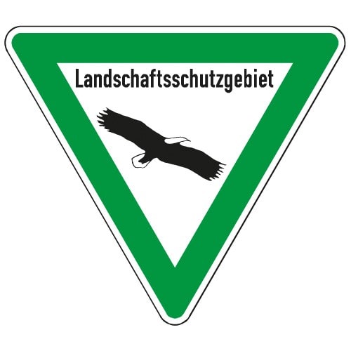 Verkehrsschild Landschaftsschutzgebiet mit grünem Rand und fliegendem Vogel