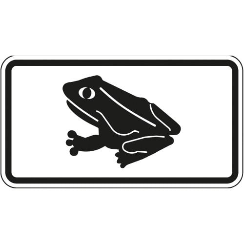 Verkehrsschild mit schwarzem Frosch-Piktogramm auf weißem Hintergrund, Hinweis auf Krötenwanderung