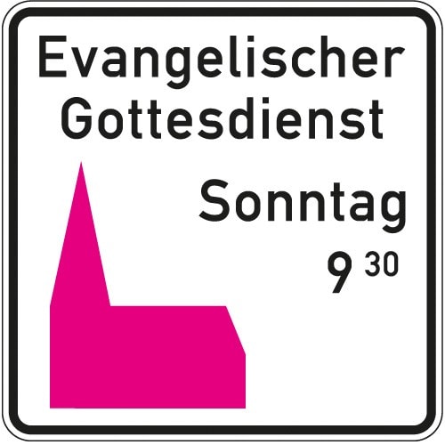 Kirchenschild mit rosa Piktogramm einer Kirche und Text Evangelischer Gottesdienst Sonntag 9:30
