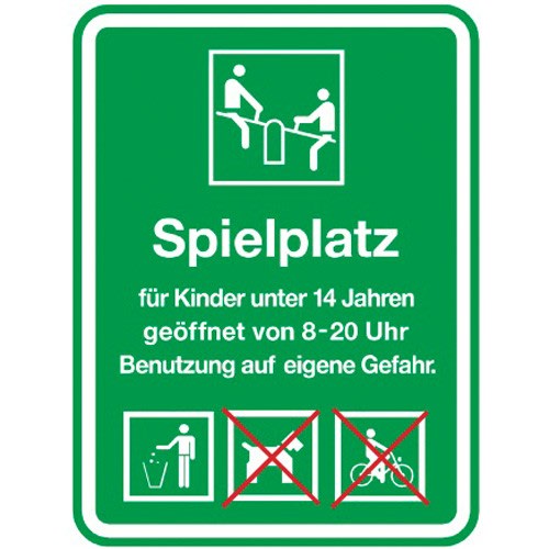 Grünes Schild Spielplatz für Kinder unter 14 Jahren geöffnet von 8-20 Uhr Benutzung auf eigene Gefahr mit Symbolen für Spielgeräte und Verboten