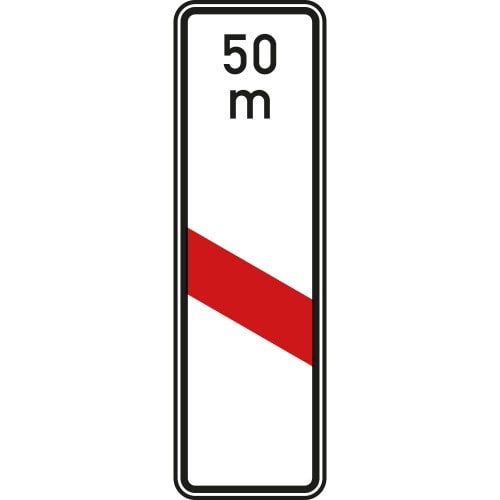 Einstreifige Bake mit rotem Streifen und 50 Meter Markierung, Aufstellung links, Verkehrsschild VZ 162-21