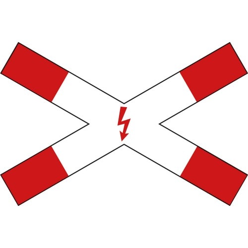 Andreaskreuz liegend mit rotem Blitzpfeil auf weißem Hintergrund Verkehrszeichen VZ 201-53