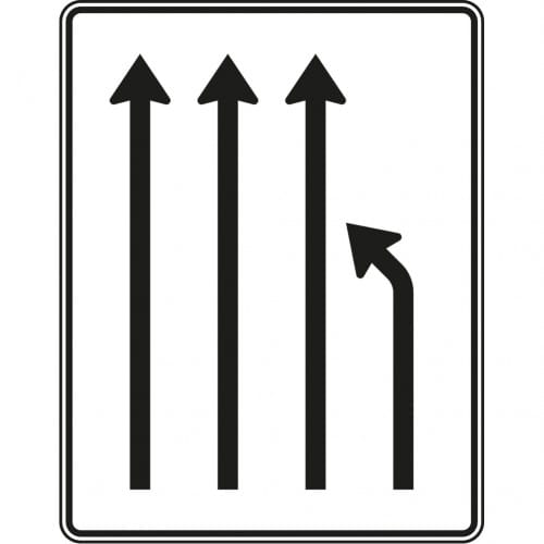 Verkehrszeichen Einengungstafel ohne Gegenverkehr mit Einzug rechts und drei verbleibenden Fahrstreifen VZ 531-12