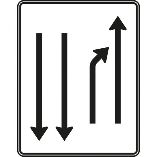 Verkehrszeichen Einengungstafel mit Gegenverkehr, Einzug links, noch 1 Fahrstreifen und 2 Fahrstreifen in Gegenrichtung, VZ 532-21