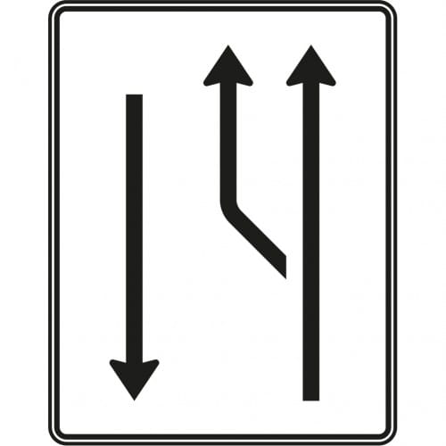 Verkehrszeichen VZ 542-10 Aufweitungstafel mit Gegenverkehr, 1-streifig plus Fahrstreifen links und 1 Fahrstreifen in Gegenrichtung