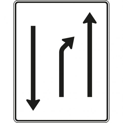 Verkehrszeichen Einengungstafel mit Gegenverkehr, Einzug links, noch 1 Fahrstreifen und 1 Fahrstreifen in Gegenrichtung, VZ 532-20