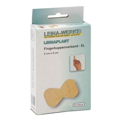 Leinaplast Fingerkuppenverband EL 6 cm x 9 cm, 50 Stück, beige Fingerkuppenverband auf Verpackung
