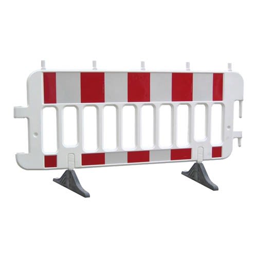 TL Absperrgitter PAXO aus Kunststoff mit roten und weißen Streifen auf zwei schwarzen Standfüßen
