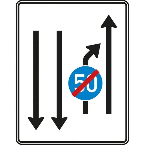 Verkehrszeichen Einengungstafel mit Gegenverkehr, Einzug links, noch 1 Fahrstreifen und 2 Fahrstreifen in Gegenrichtung mit VZ 279, Verkehrszeichen VZ 536-21