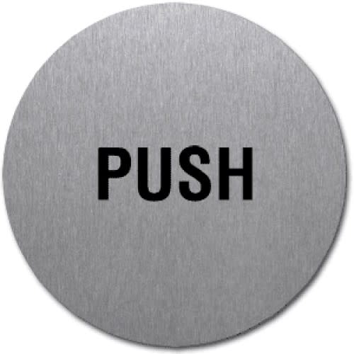 Rundes Metallschild mit der Aufschrift PUSH in schwarzer Schrift