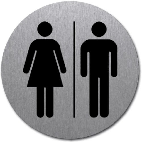 Rundes Piktogramm mit Damen- und Herren-Symbol auf gebürstetem Metall