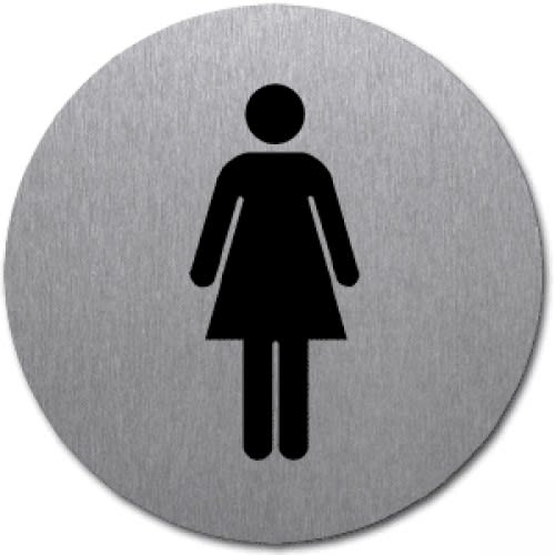 Rundes Piktogramm Damen in Schwarz auf silbernem Hintergrund