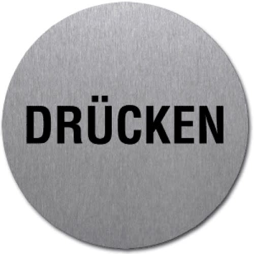 Rundes Textschild aus Metall mit dem Aufdruck Drücken in schwarzer Schrift