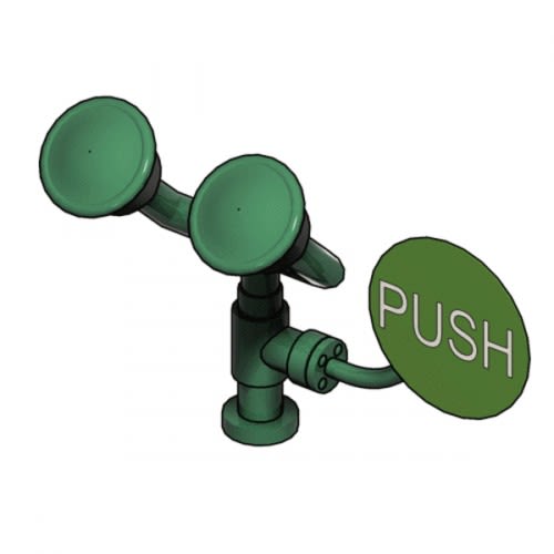 Augendusche mit zwei abgewinkelten grünen Brauseköpfen und Tischmontage mit großem grünen Push-Knopf