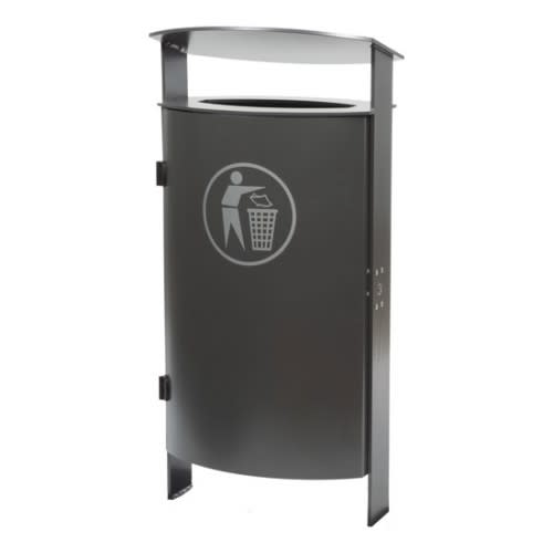 Stand-Abfallbehälter mit abgeschrägter Abdeckhaube und 70 Liter Fassungsvermögen in schwarzer Farbe
