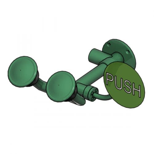 Augendusche mit zwei abgewinkelten grünen Brauseköpfen und Wandmontage Aufputz mit PUSH-Knopf