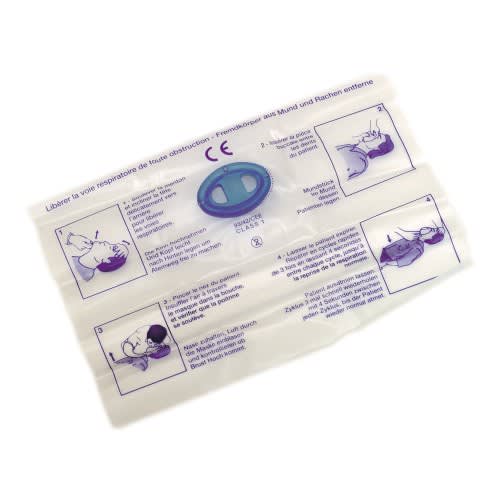 Beatmungshilfe Mund-zu-Mund mit Anleitung zur Anwendung in mehreren Sprachen und Piktogrammen