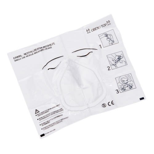 Einmal-Notfallbeatmungshilfe aus transparentem Kunststoff mit Anleitungssymbolen zur Anwendung