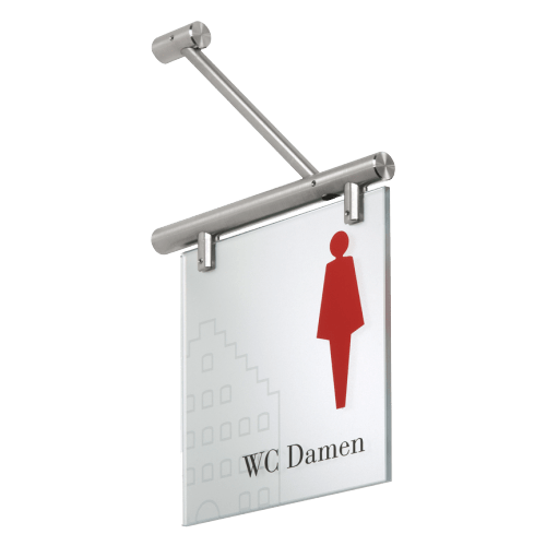 GALERIE Fahnenschild aus Glas mit rotem Damen WC Piktogramm und Edelstahlhalterung