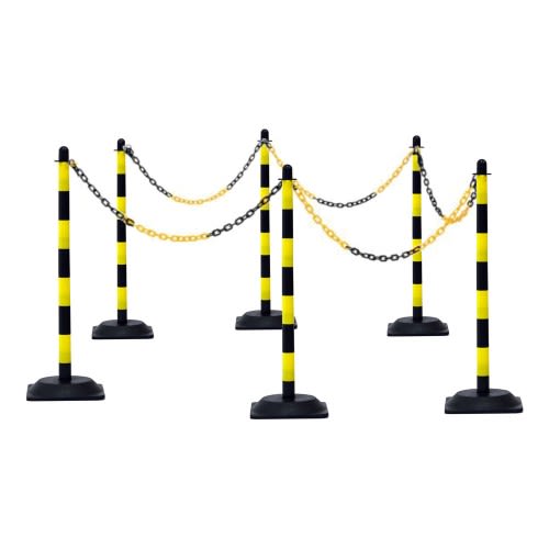 Kettenpfosten-Set PLASTO mit 6 gelb-schwarzen Pfosten und 10 Meter Kunststoffkette in Gelb und Schwarz