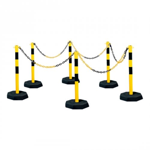 Kettenpfosten-Set B&S BASIC PRO mit 6 gelb-schwarzen Pfosten und 25 m Kunststoffkette in schwarz und gelb