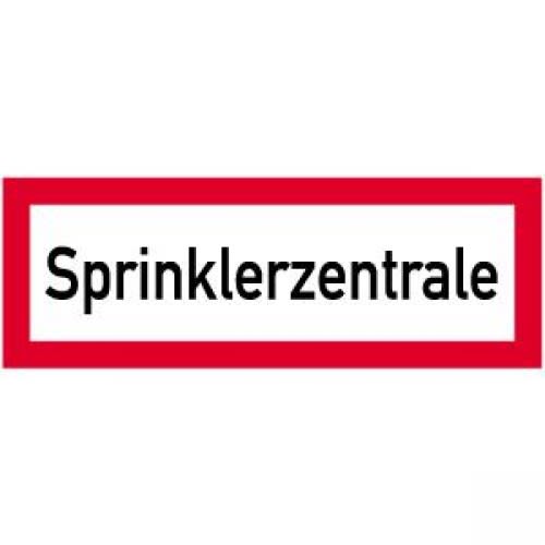 Schild mit der Aufschrift Sprinklerzentrale in schwarzer Schrift auf weißem Hintergrund mit rotem Rahmen