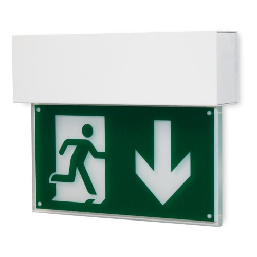 Rettungszeichenleuchte FRANKFURT Wandaufbau mit 7L-Schutzlicht, Notausgangsschild mit Pfeil nach unten