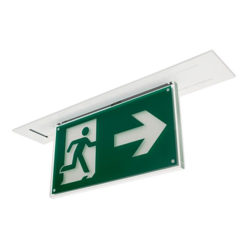 Rettungszeichenleuchte BREMEN Deckeneinbau mit 7L-Schutzlicht, Notausgangsschild mit Pfeil nach rechts